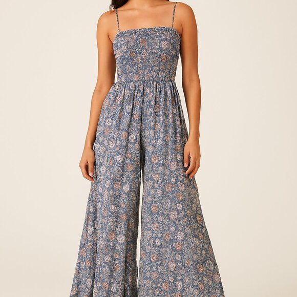 Jumpsuit with Wide-Leg Halara-style Boho Style Smocked top  Made in INDIA SZ F - Picture 12 of 12